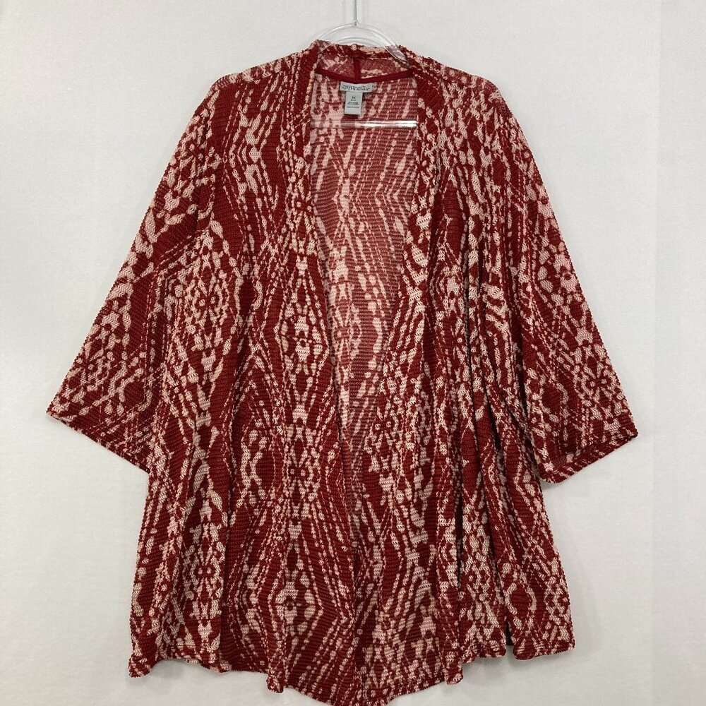 Maggie Barnes‎ Catherines 2X Open Knit Abstract Pattern Open Front Duster Jacket